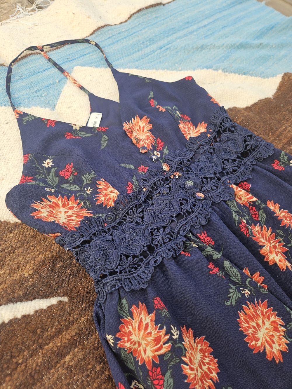 Boho Floral Maxi Dress Navy Blue Orange Floral Lace Waist Cottagecore Size M